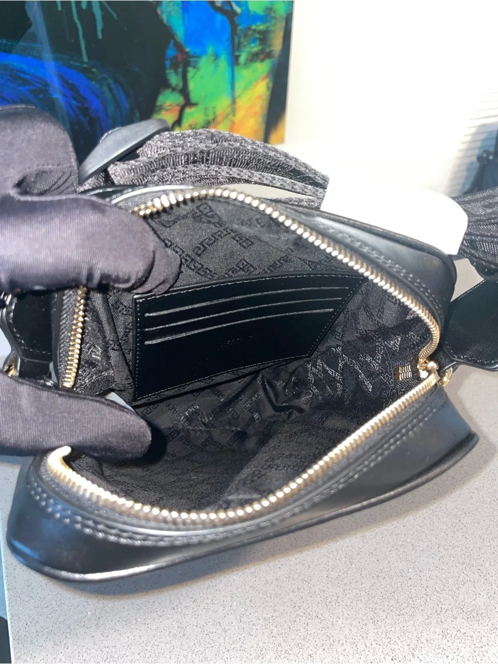 Versace Black Leather Messenger Crossbody with Gold Plaque